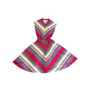 VTG 80s Dress Zigzag Chevron Stripe Print Full Skirt Sz 10 Hippie Festival